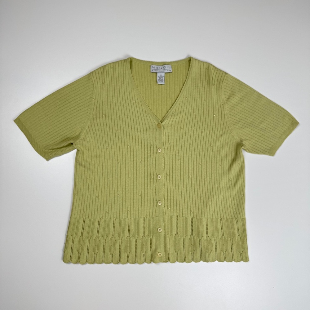 Vintage 90’s Maggie McNaughton Soft Green Beaded Knit Cardigan Shirt Size 2X Y2K